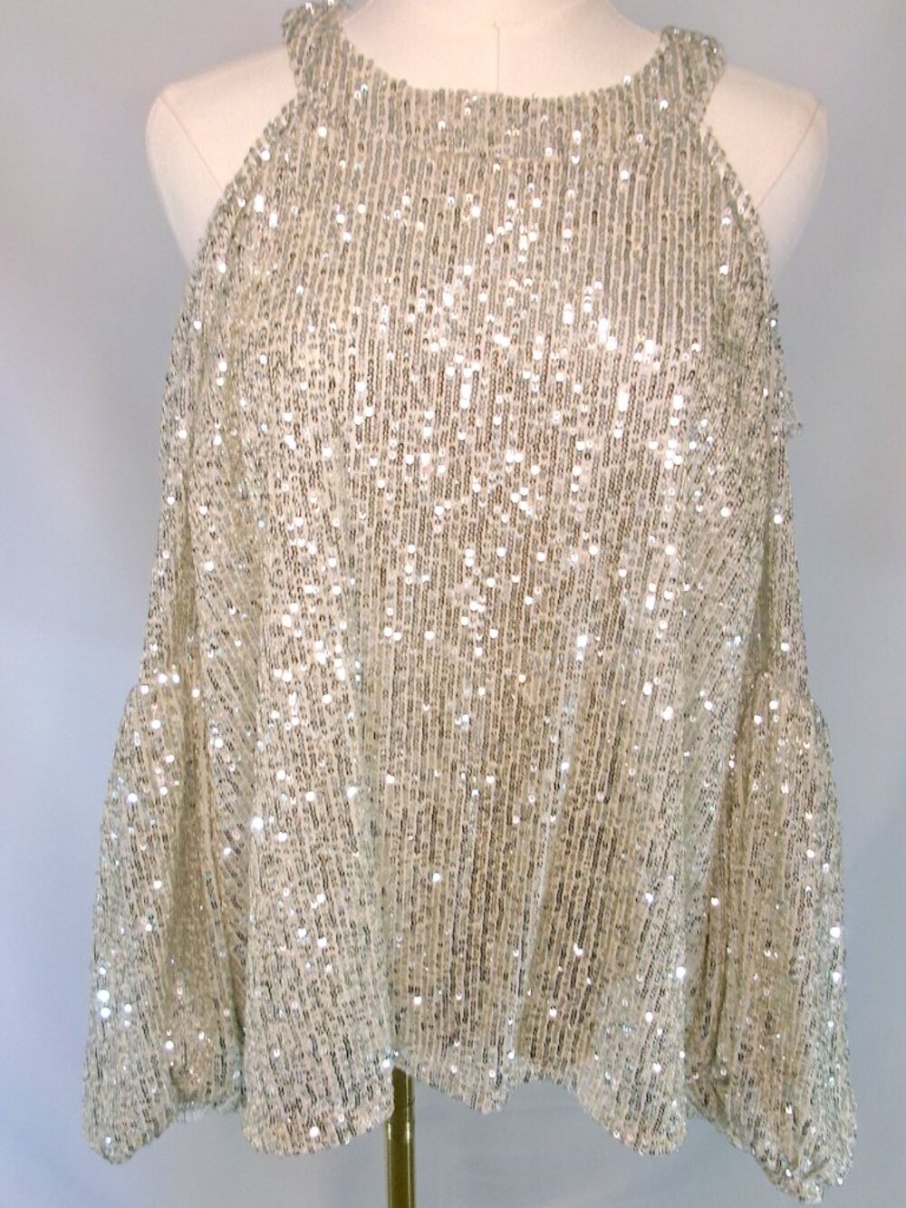 CeCe Champagne Sequin Cold Shoulder Top Large Sparkly Balloon Sleeve Party Blous